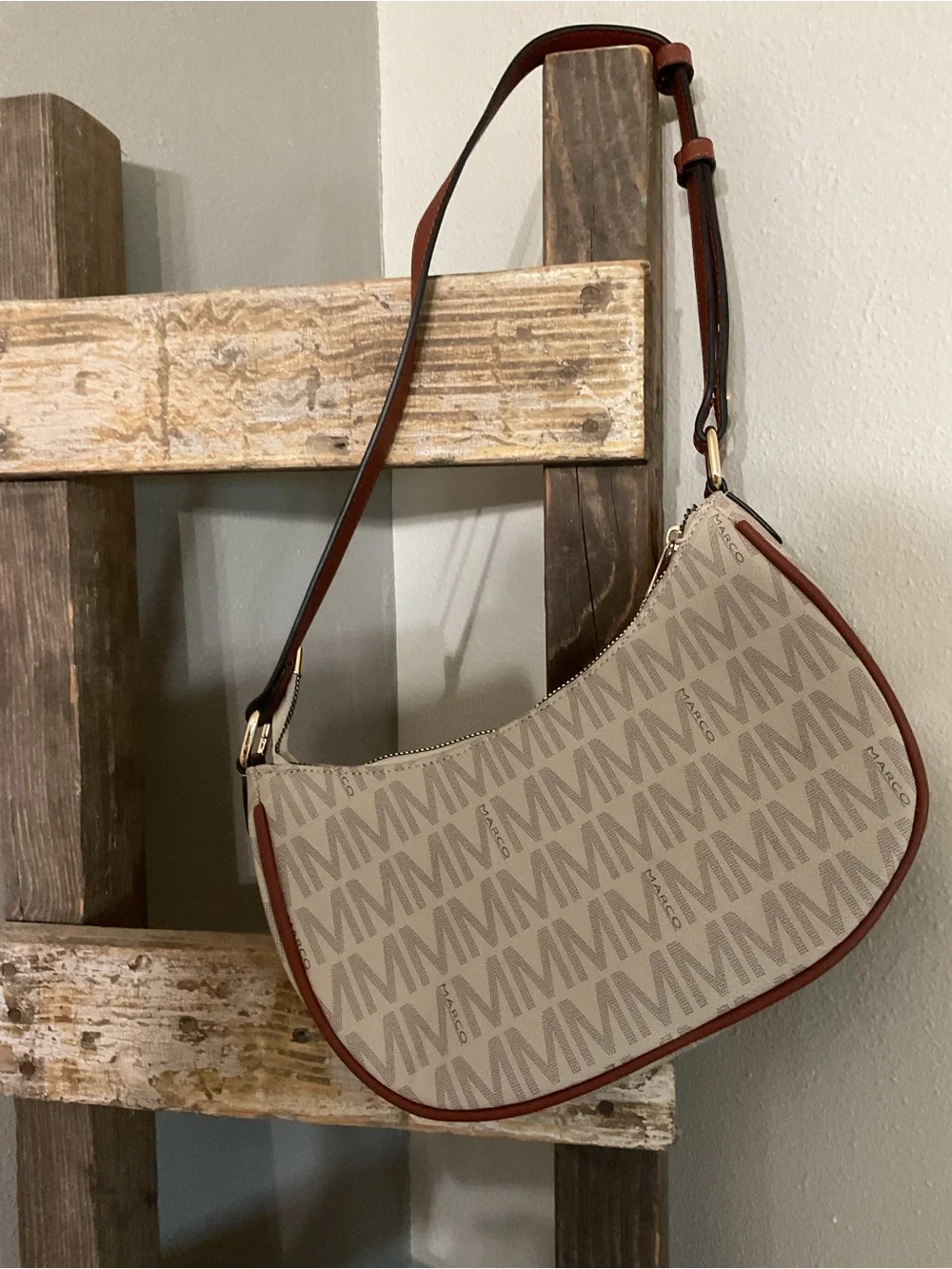 Monogram Crescent Shoulder Bag in Beige with Brown Trim